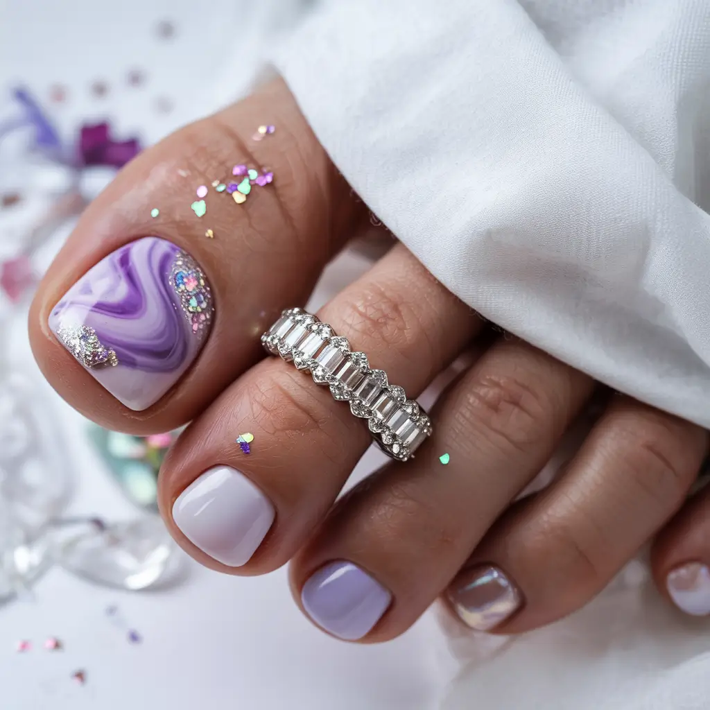 summer toe nail colors ideas 2025 Lavender Luxe with Crystal Accents