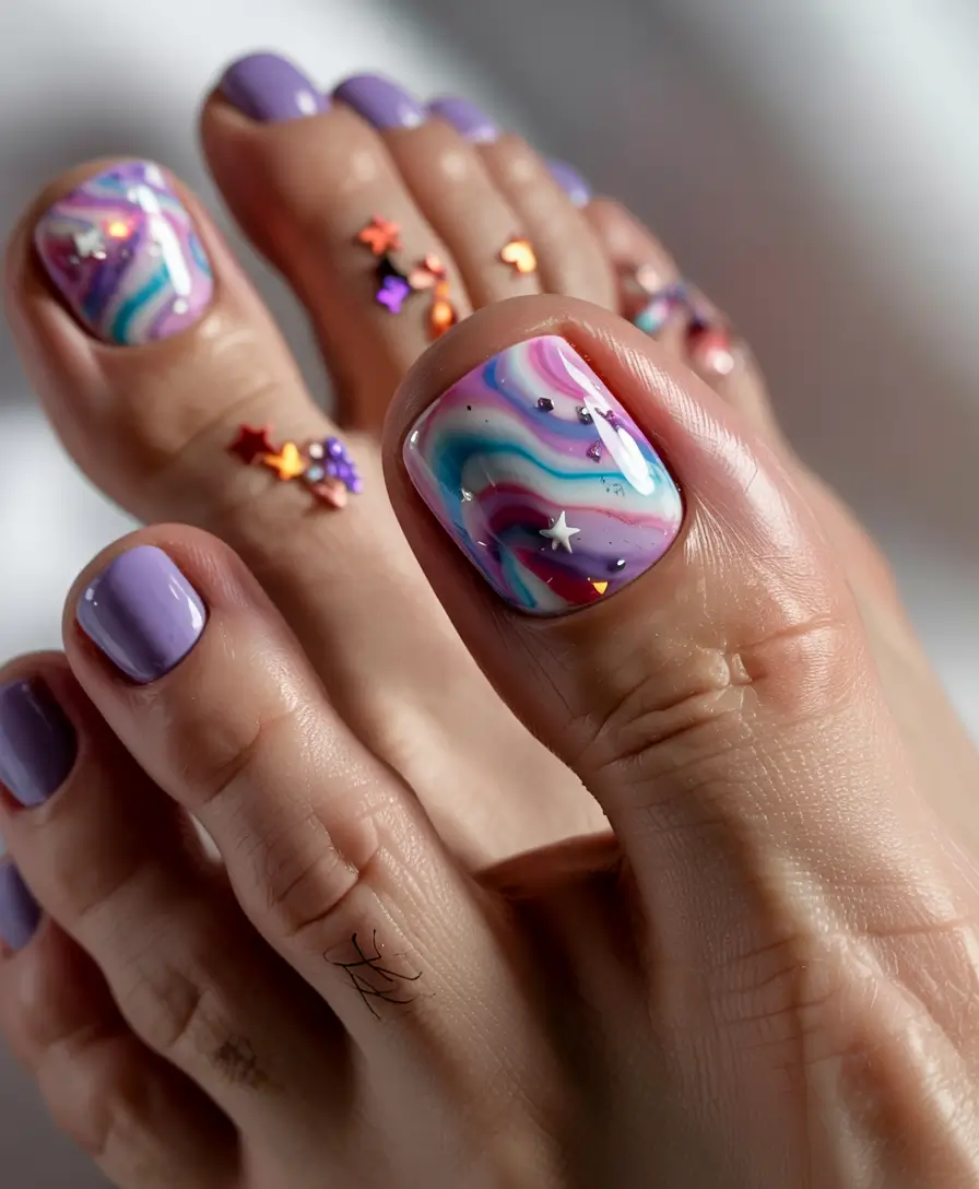 summer toe nail colors ideas 2025 Cosmic Candy Swirl with Star Accents