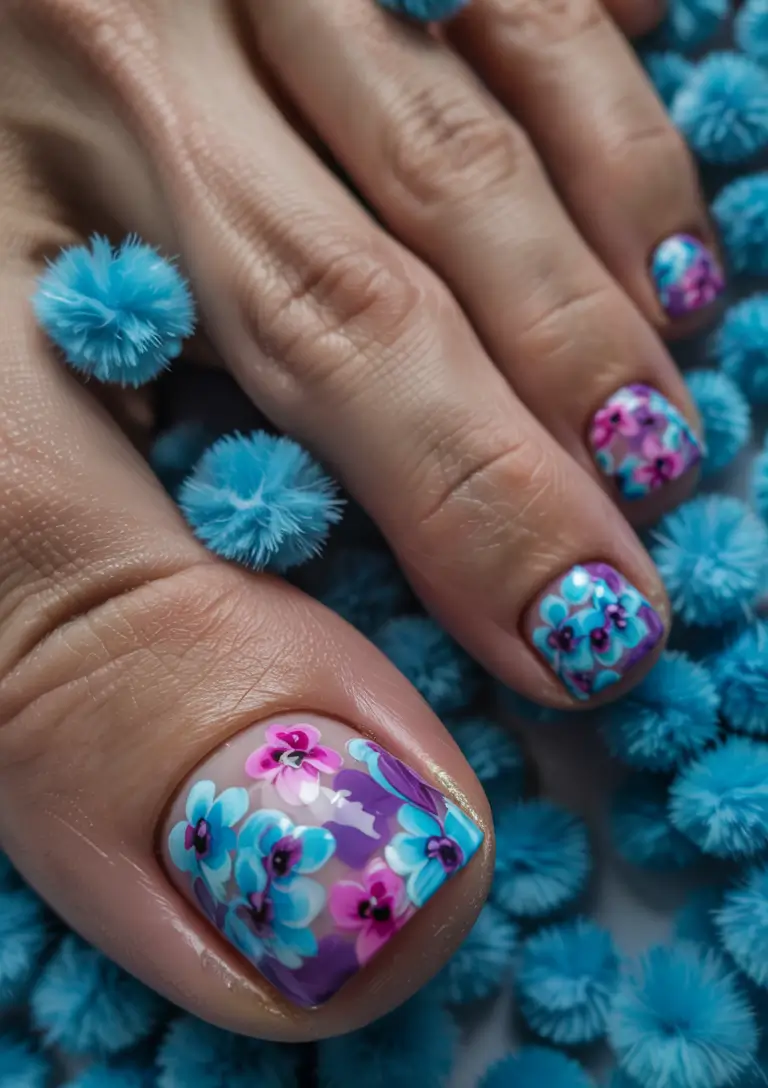 summer toe nail colors ideas 2025+Electric Blooms and Purple Dreams