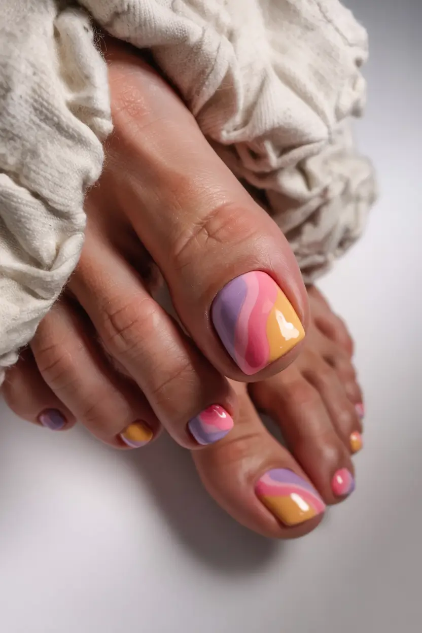 summer toe nails ideas 2025 Sunset Swirl: A Psychedelic Pastel Moment