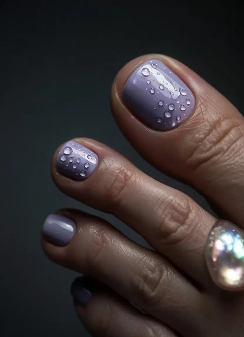 summer toe nails ideas 2025 Stormy Lilac with Dewdrop Drama