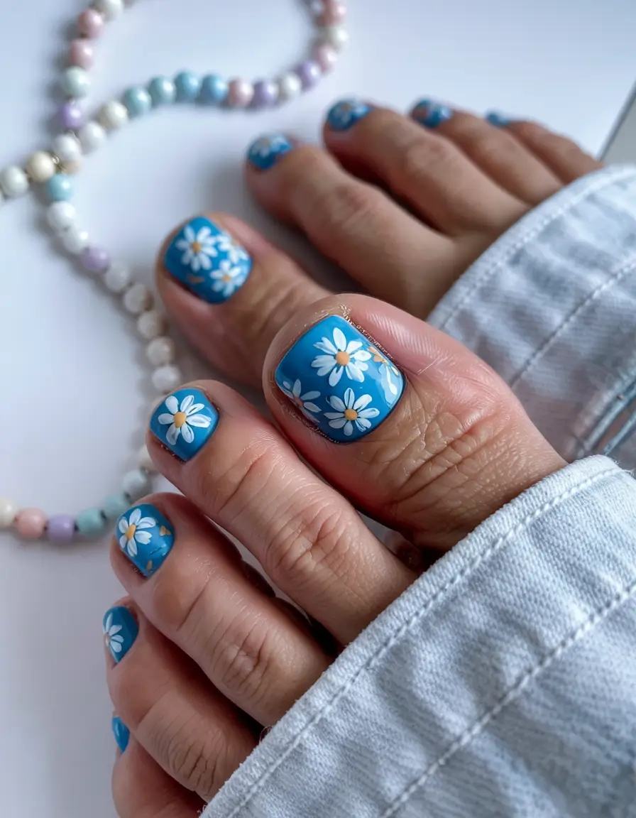 summer toe nails ideas 2025 Daisy Days on Sky Blue