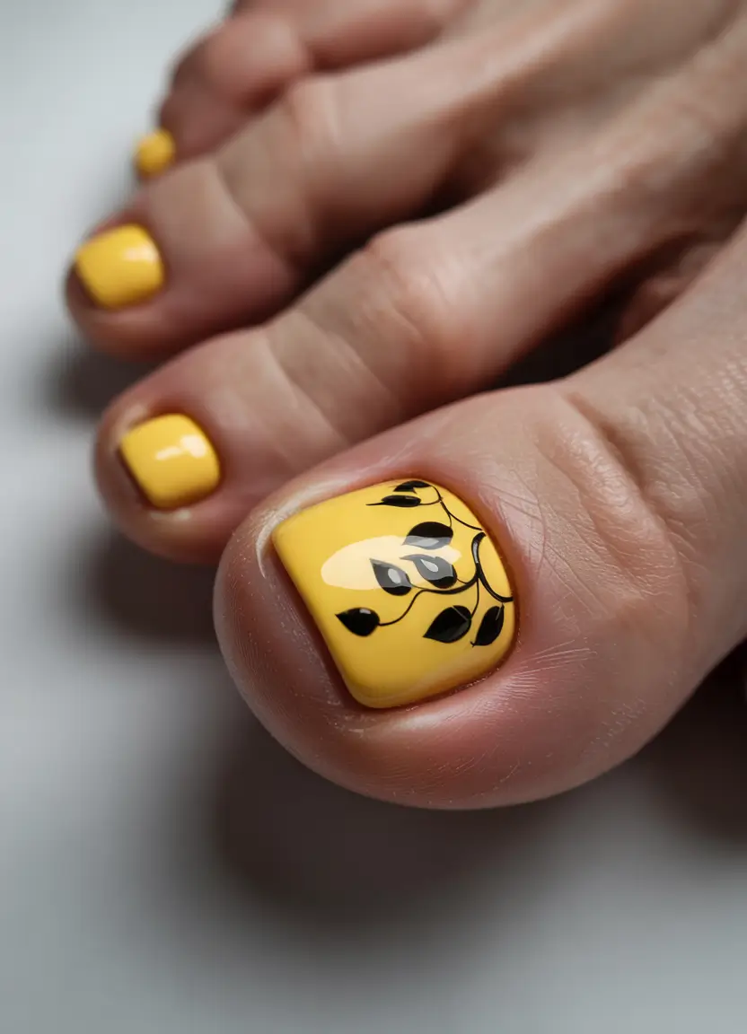 summer toe nails ideas 2025 Yellow + Black: Bold Botanical Vibes