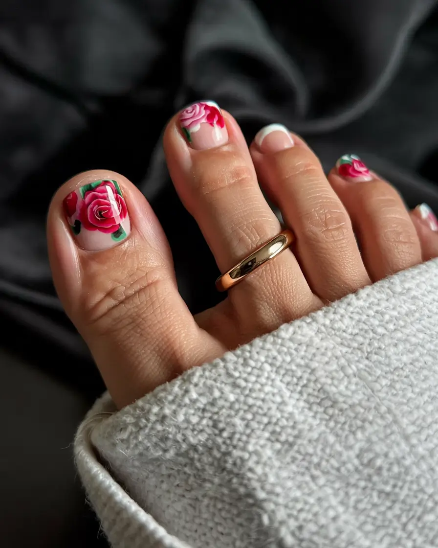 summer toe nails ideas 2025 Romantic Roses with a French Accent
