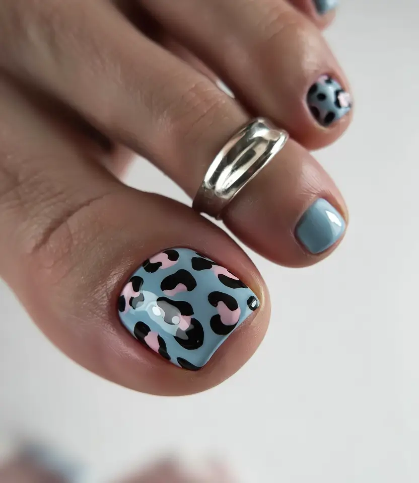 summer toe nails ideas 2025 Chill Leopard: Edgy Meets Baby Blue
