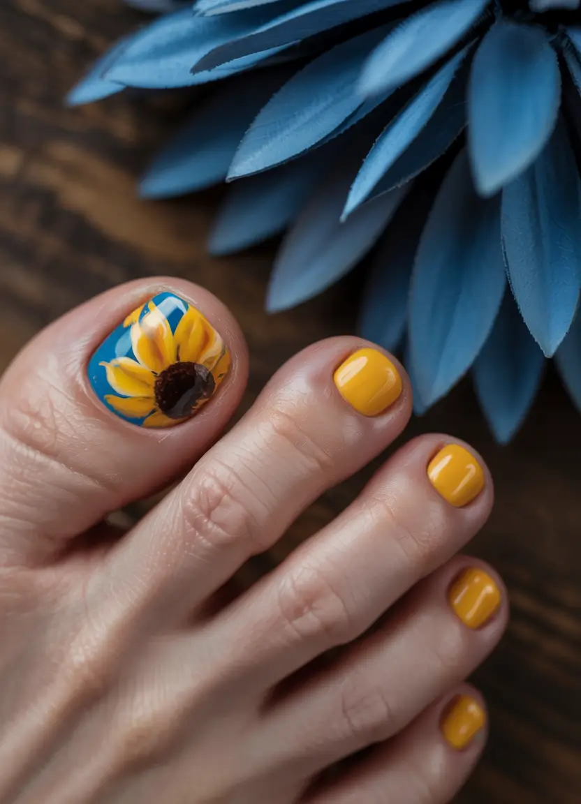 summer toe nails ideas 2025 Sunflower Pop on Summer Blue