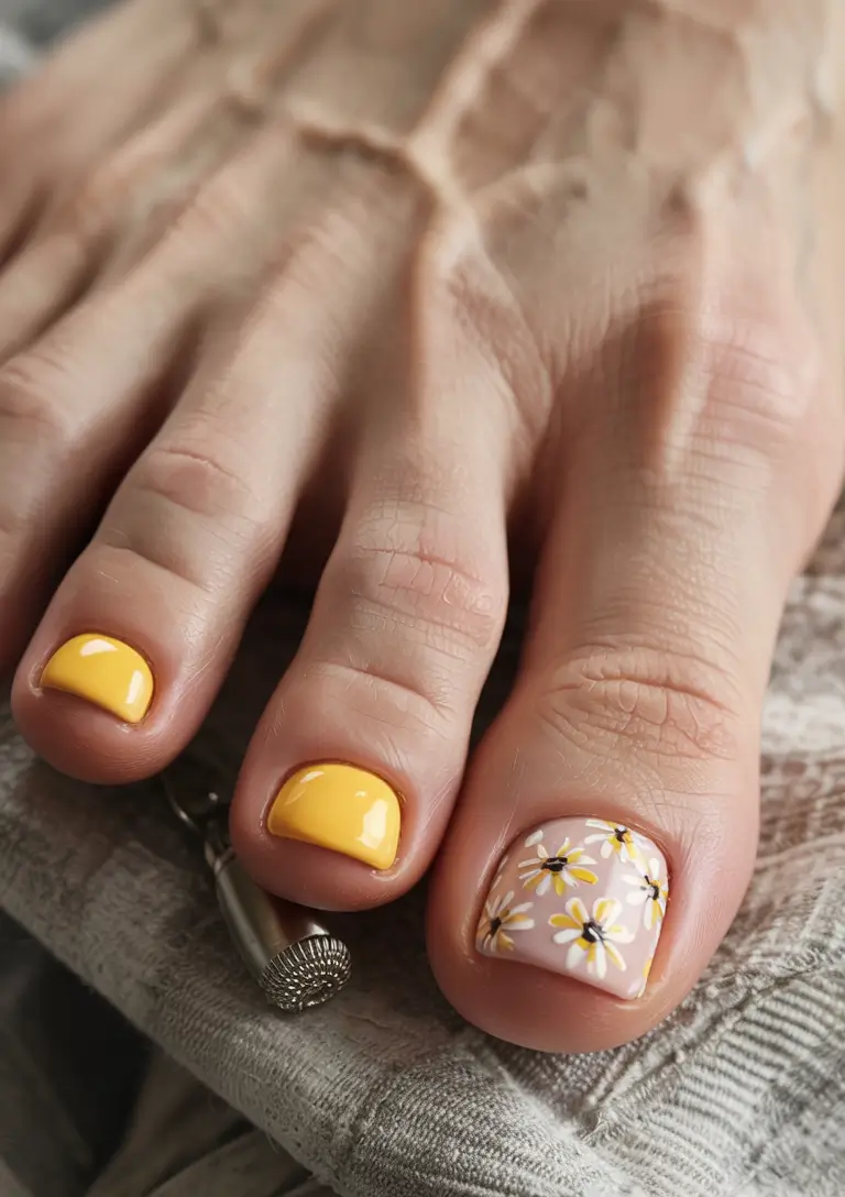 toe nail designs for summer 2025+Sunshine Daisies and Yellow Gel Glow
