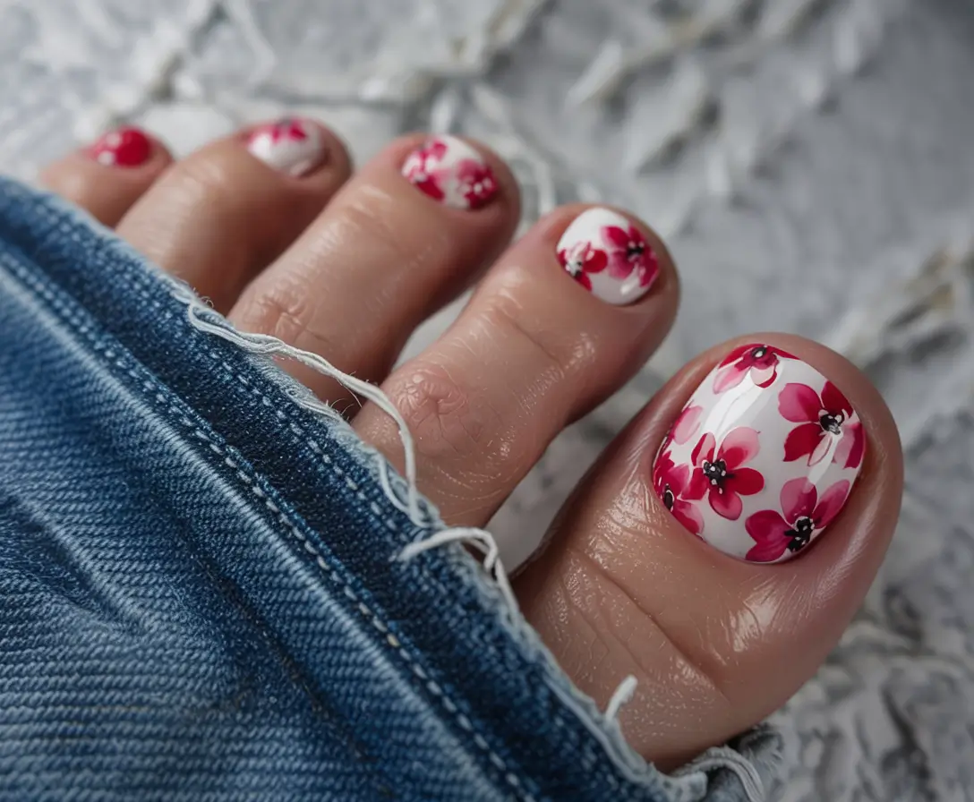 toe nail designs for summer 2025+Cherry Petals on Crisp White