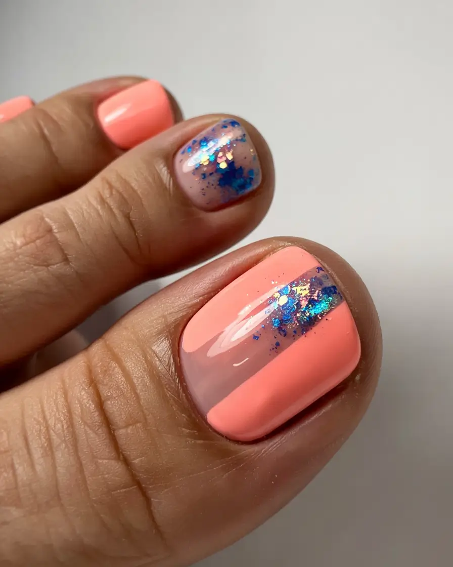 toe nail designs for summer 2025 Tropical Coral Meets Electric Glitter Pop