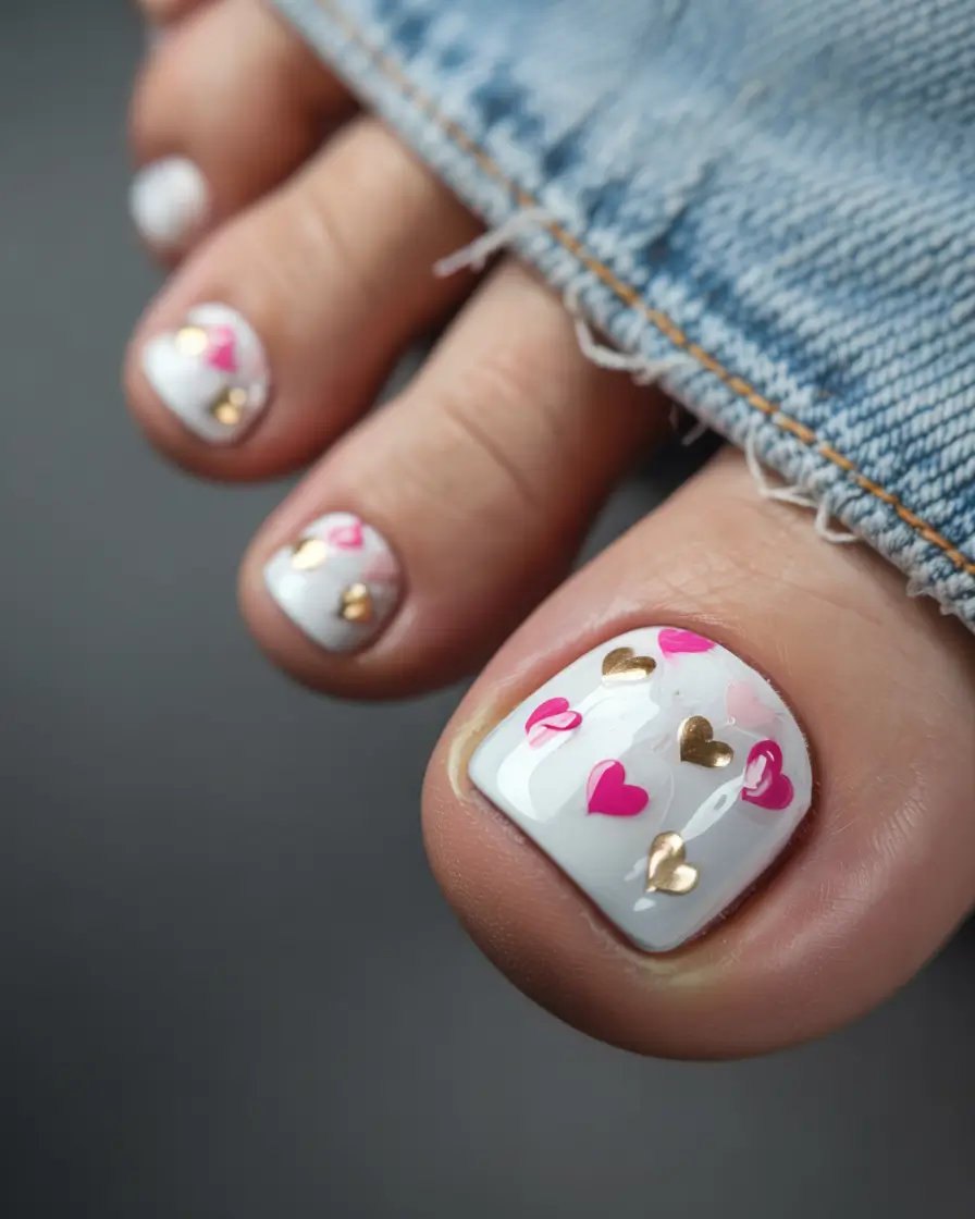 toe nail designs for summer 2025 Playful Hearts on a White Canvas