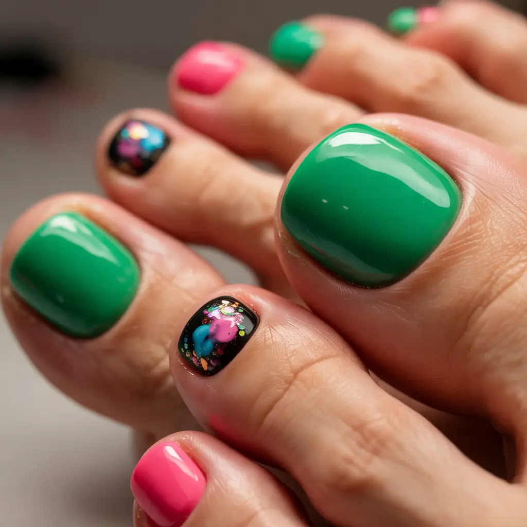 toe nail designs for summer 2025 Glossy Jungle Chic With a Splash of Neon