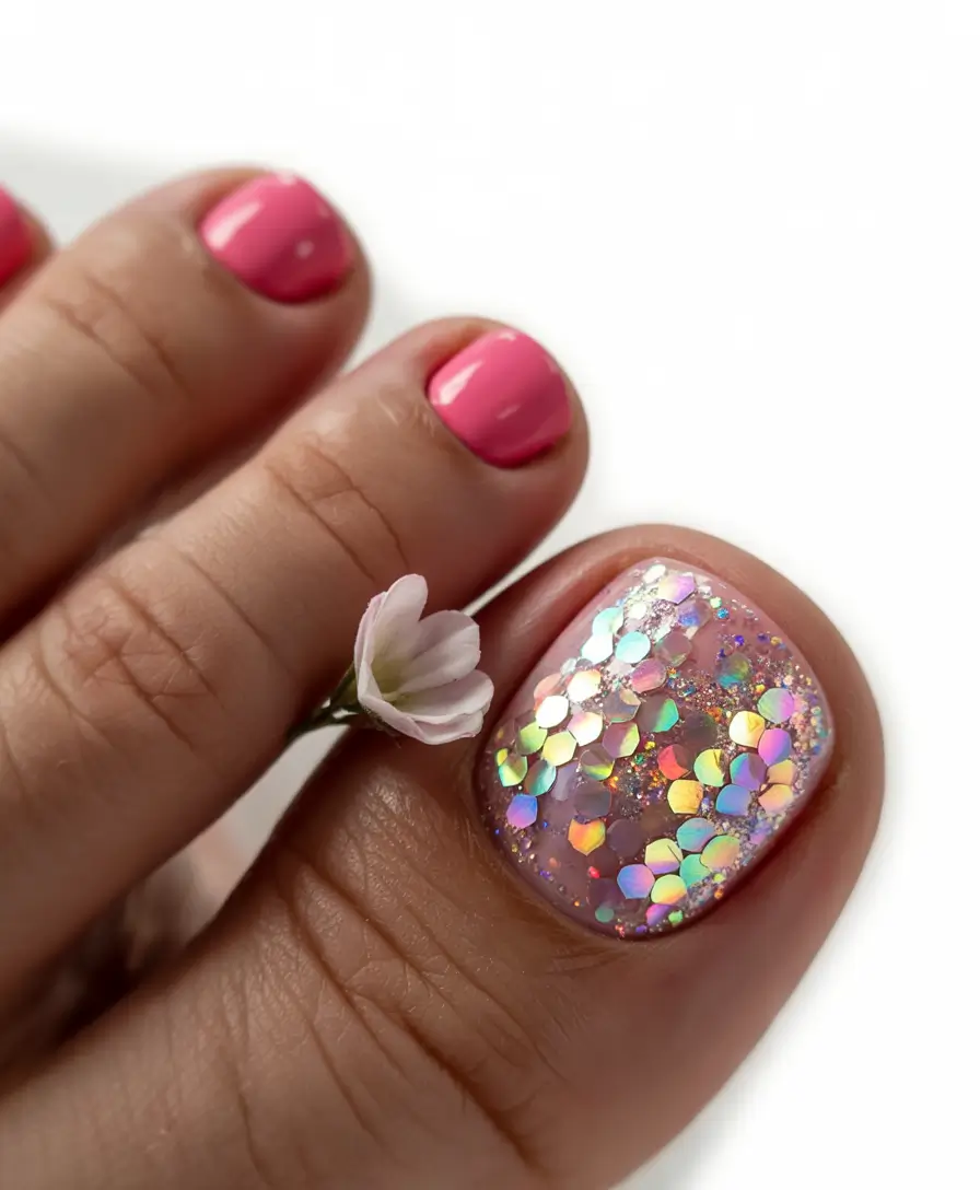 toe nail designs for summer 2025+Pink Sparkle Bomb with Holographic Pop