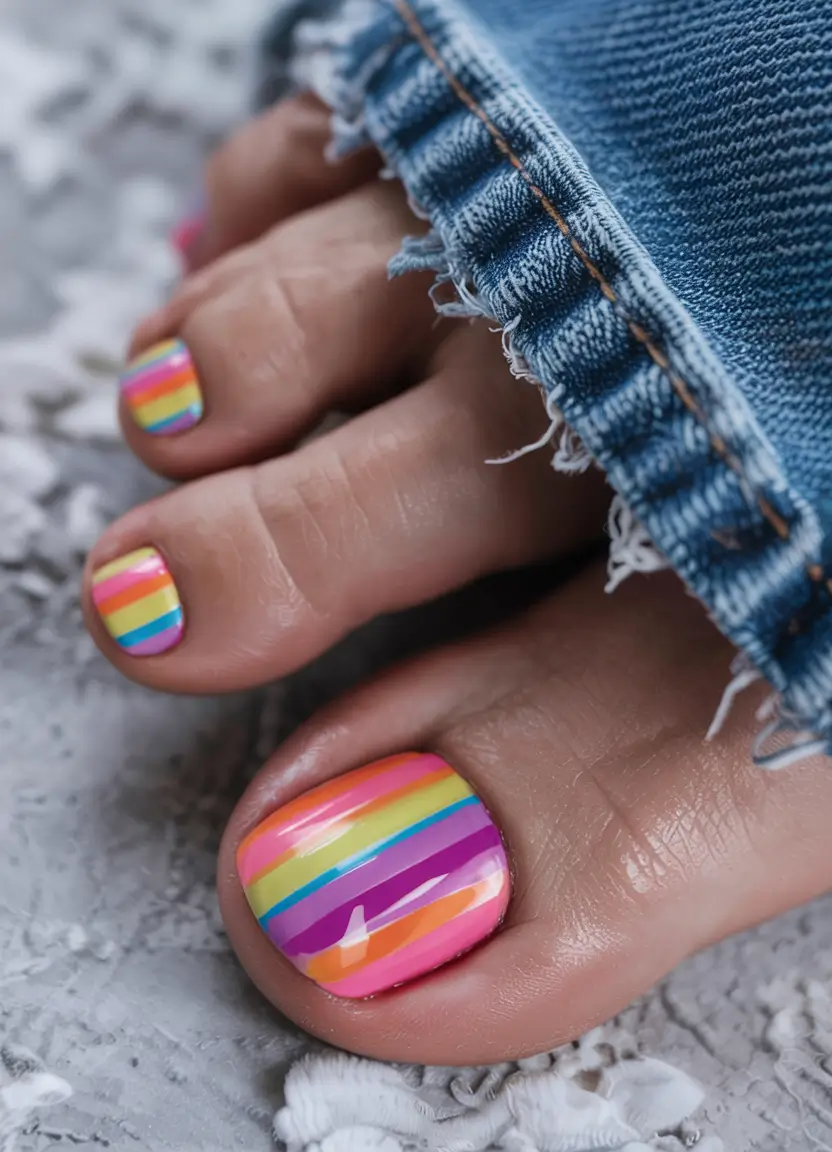 toe nail designs for summer 2025 Sunset Rainbow Stripes for the Bold Soul
