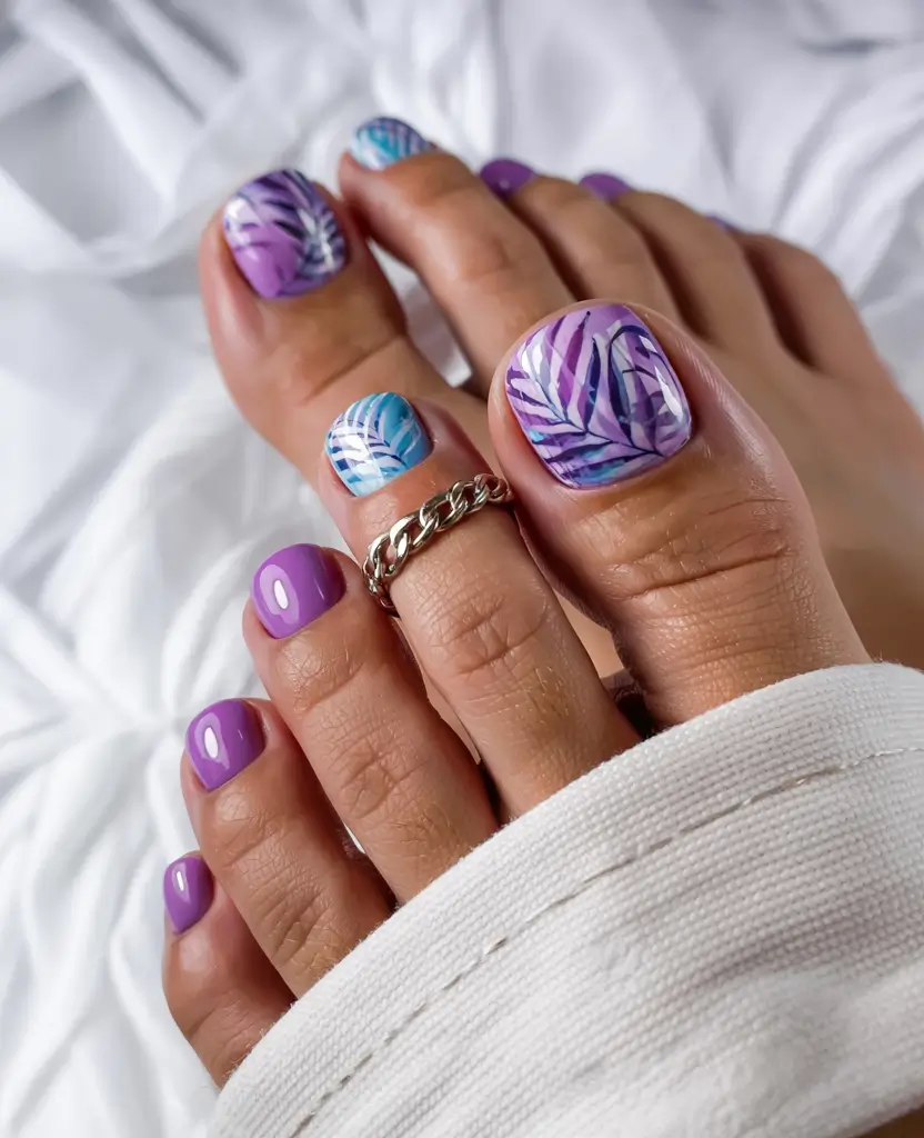 toe nail designs for summer 2025 Purple & Palm Print Getaway