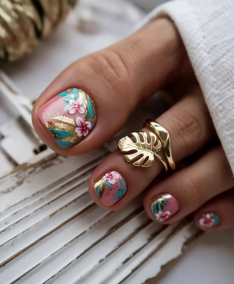 toe nail designs for summer 2025+Gold Tropics and Blooming Pinks