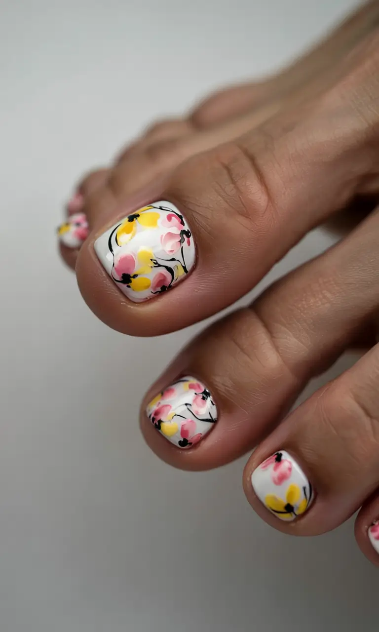 toe nail designs for summer 2025+White Bloom Garden with Pink and Yellow
