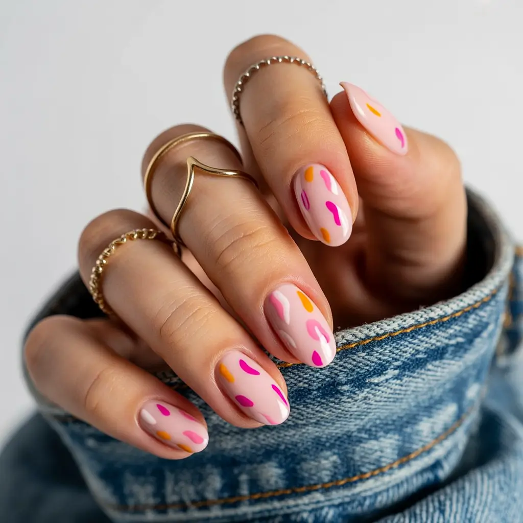 basic summer nails ideas 2025 Playful Color Drips on Soft Pink