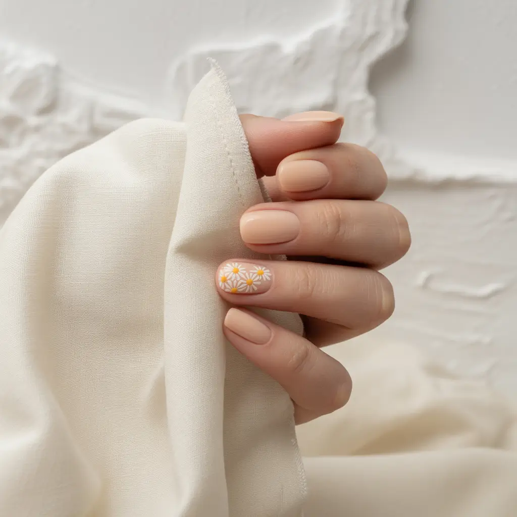 basic summer nails ideas 2025 Soft Peach Nude with Floral Detail