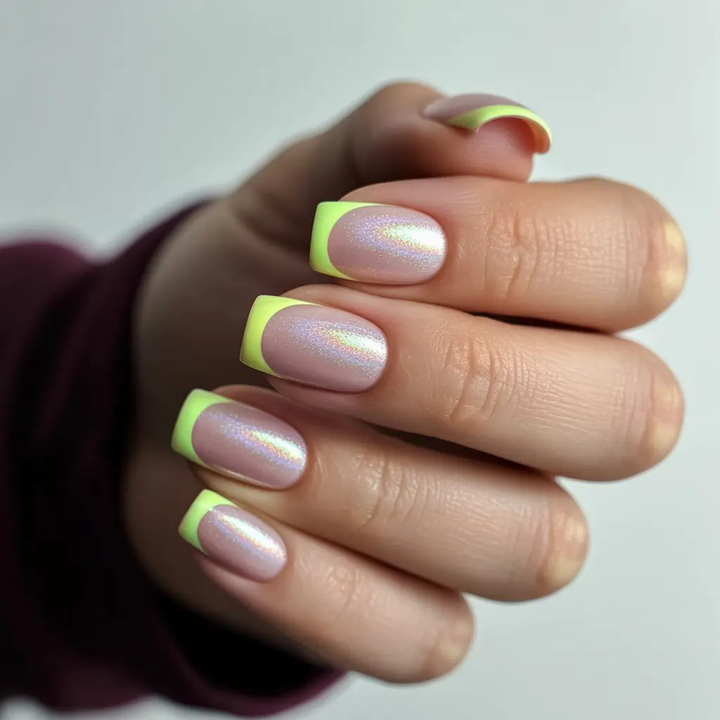 basic summer nails ideas 2025 Neon French Tip With a Chrome Twist