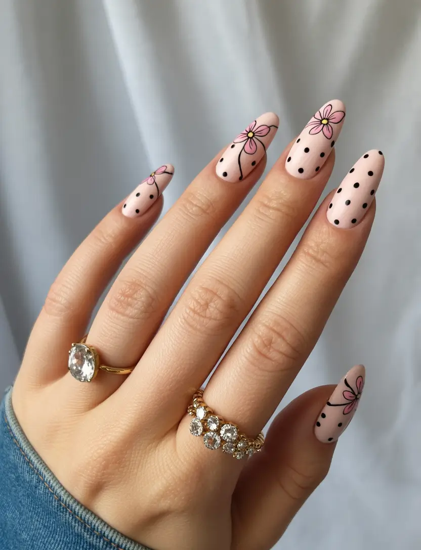 basic summer nails ideas 2025 Flirty Polka Dots and Blossoms