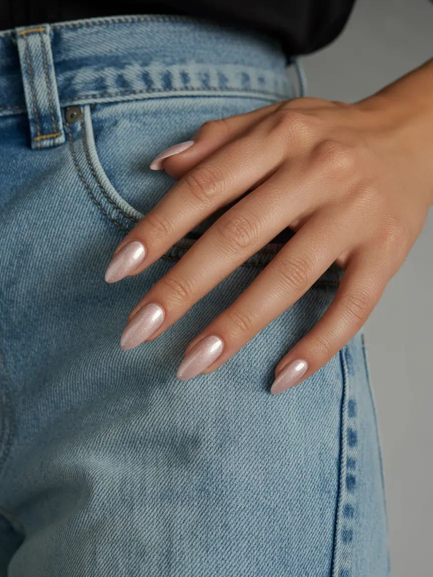 basic summer nails ideas 2025 Soft Shimmer Almond That Feels Like Barely-There Magic