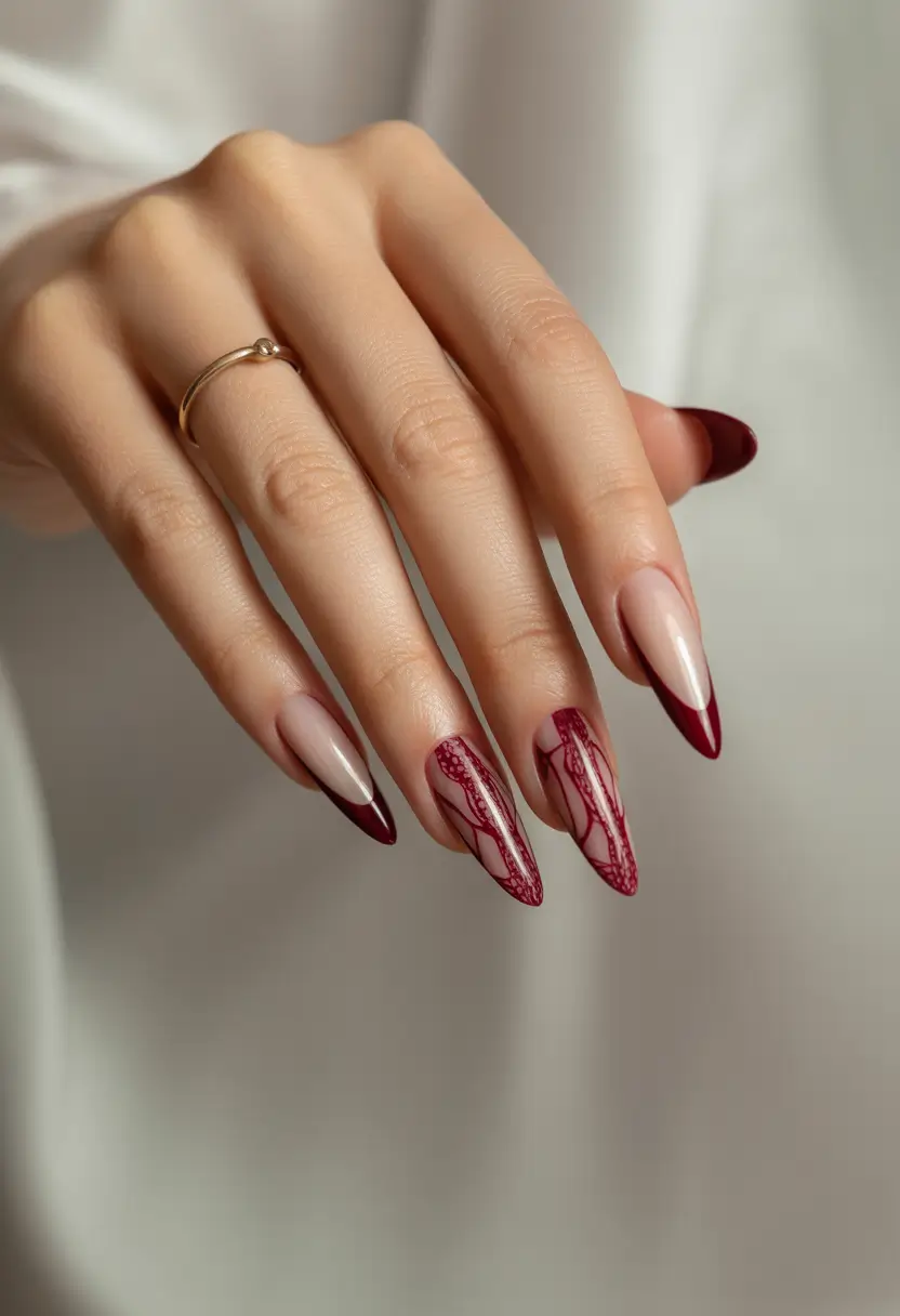 basic summer nails ideas 2025 Red Lace Art for After Dark Drama