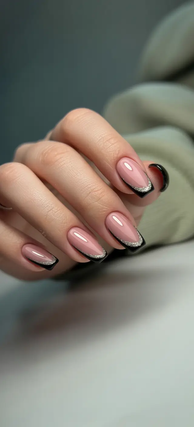 basic summer nails ideas 2025 Edgy Elegance: Black and Glitter French
