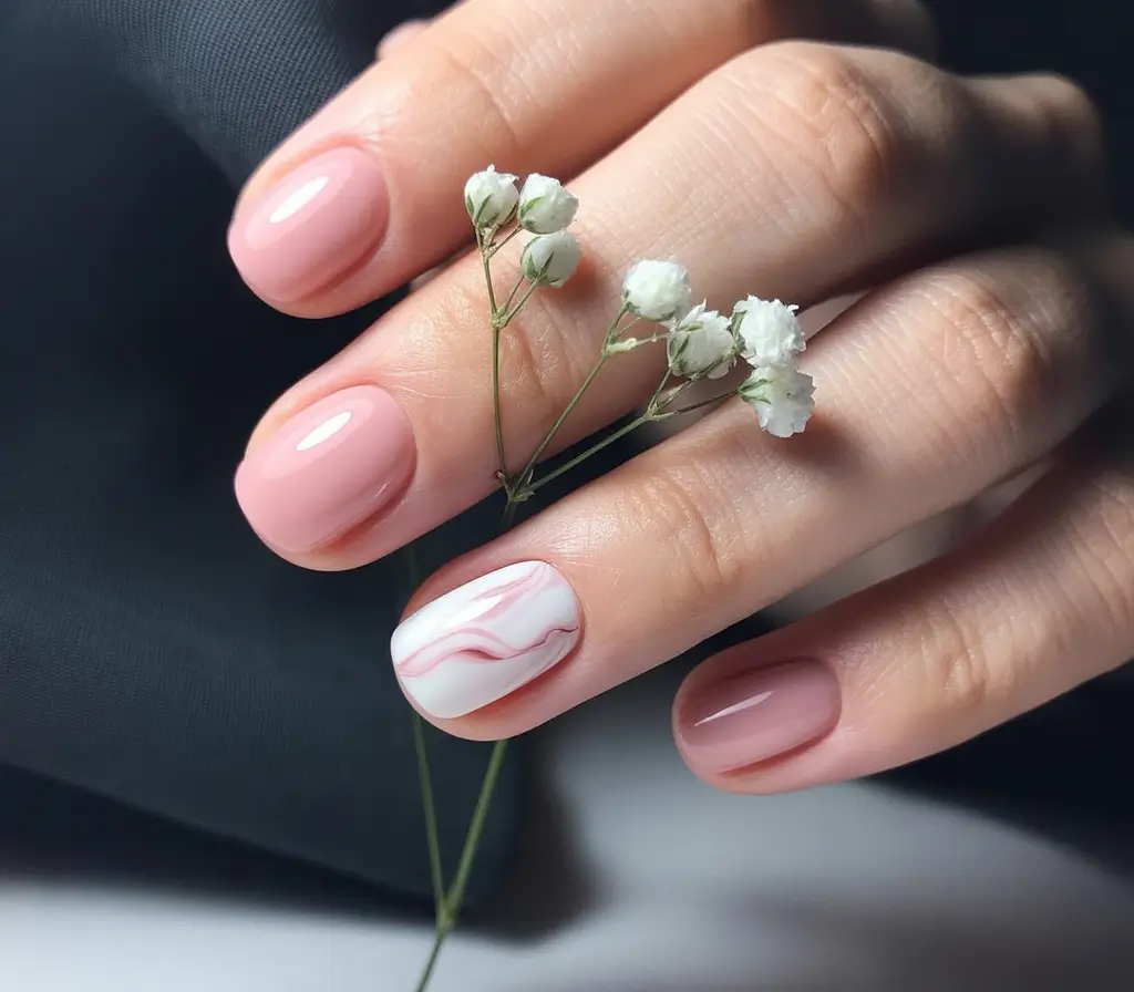 basic summer nails ideas 2025 Minimal Marble with a Touch of Sweetness
