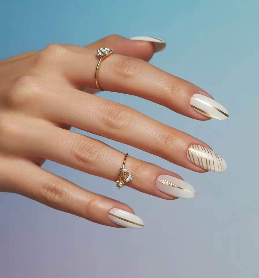 basic summer nails ideas 2025 Striped in Gold: Modern Luxe in White