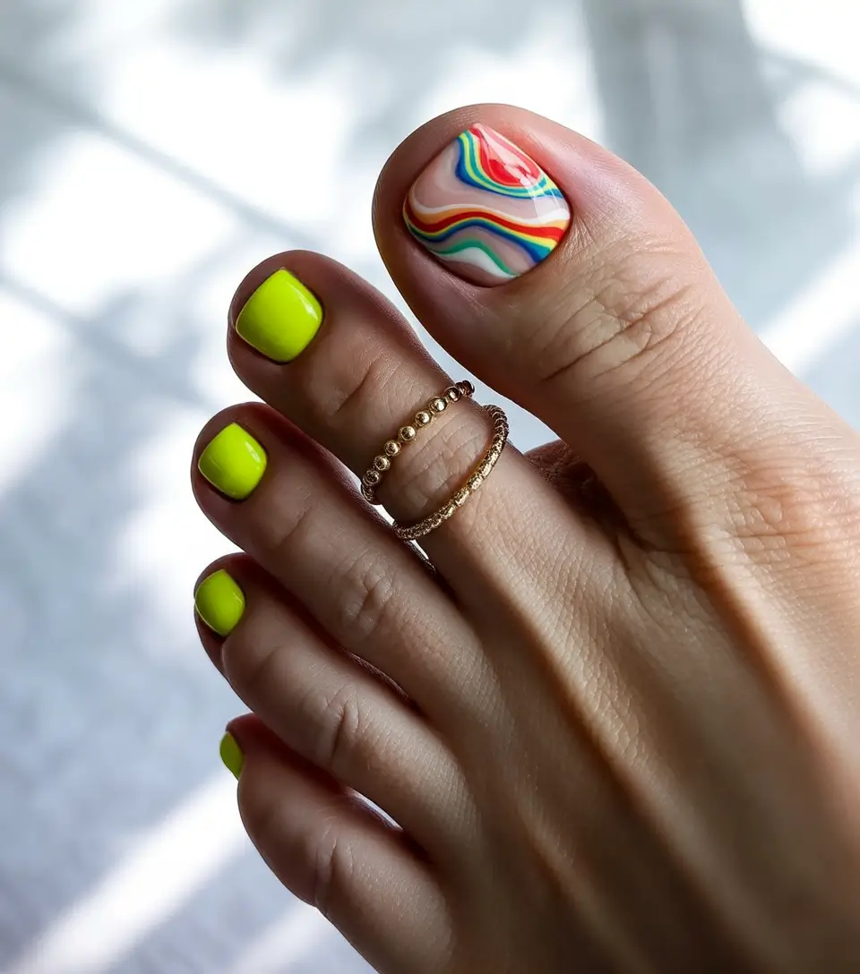 beach toe nails ideas 2025-Neon and Rainbow Swirl: Loud, Playful, Unapologetically Summer