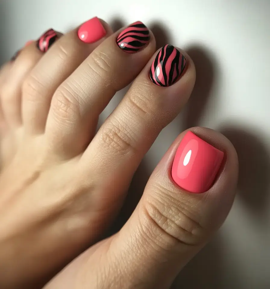 beach toe nails ideas 2025-Zebra Pink Safari: Wild Meets Glam
