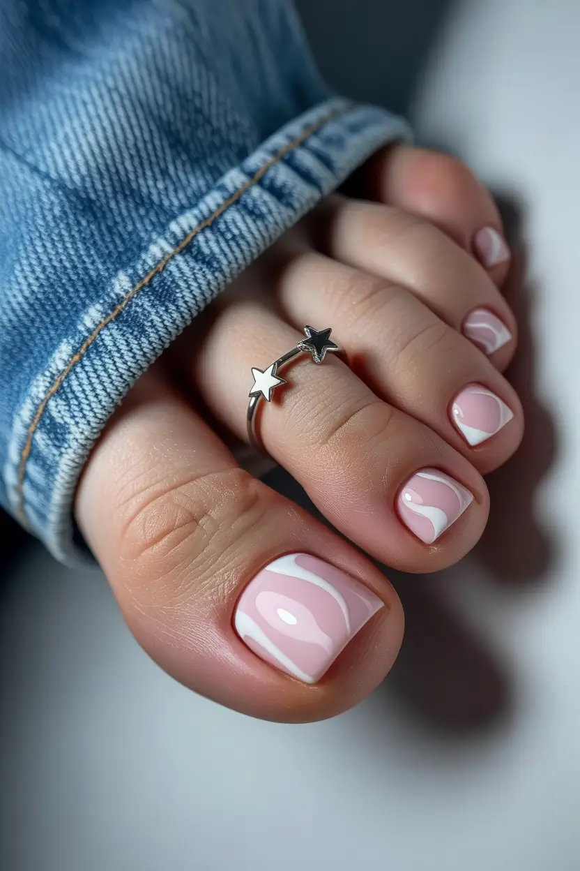 beach toe nails ideas 2025-Glossy Swirls in Pastel Pink: Dreamy and Delicate