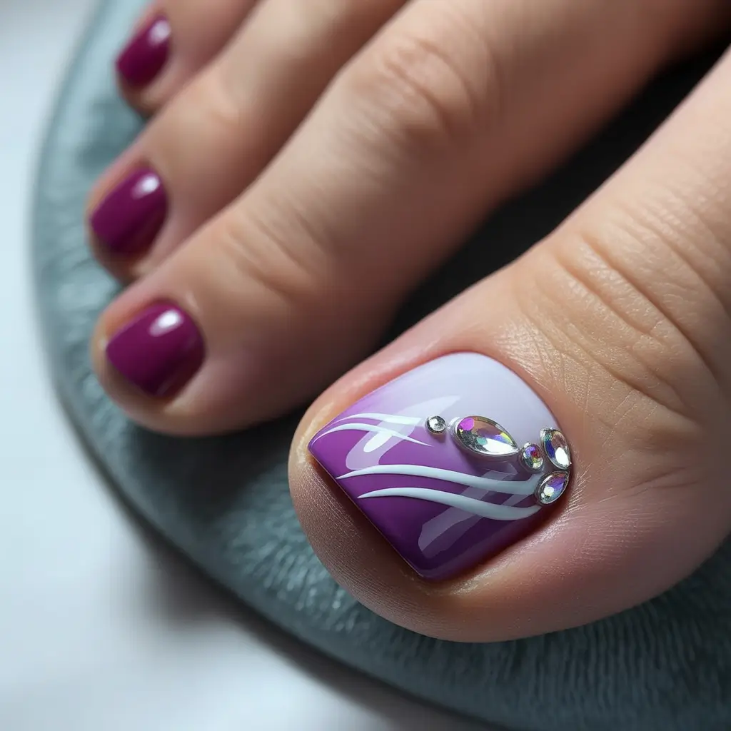 beach toe nails ideas 2025-Royal Purple Glam with Rhinestone Drama