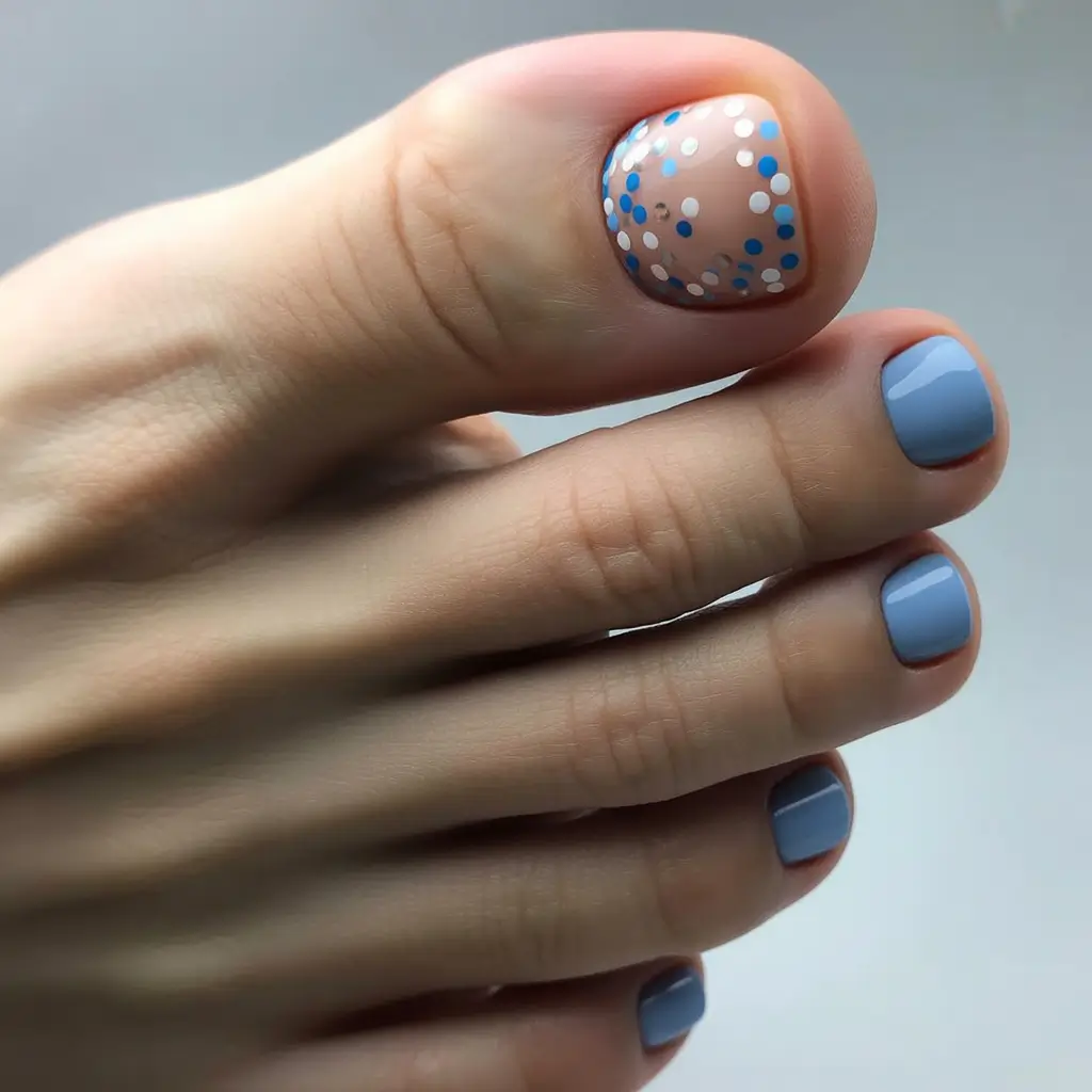 beach toe nails ideas 2025-Ocean Dot Chic: Blue with a Twist