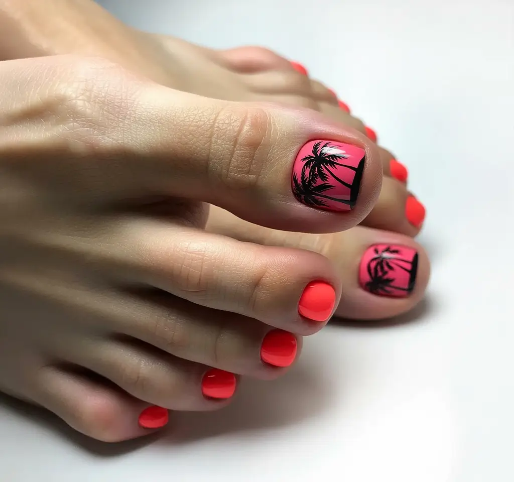 beach toe nails ideas 2025-Sunset Palms: Classic with a Sunset Twist