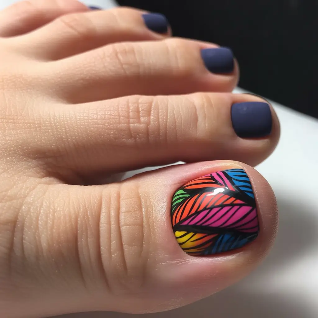 beach toe nails ideas 2025-Rainbow Leaves and Matte Navy: Bold Meets Chill