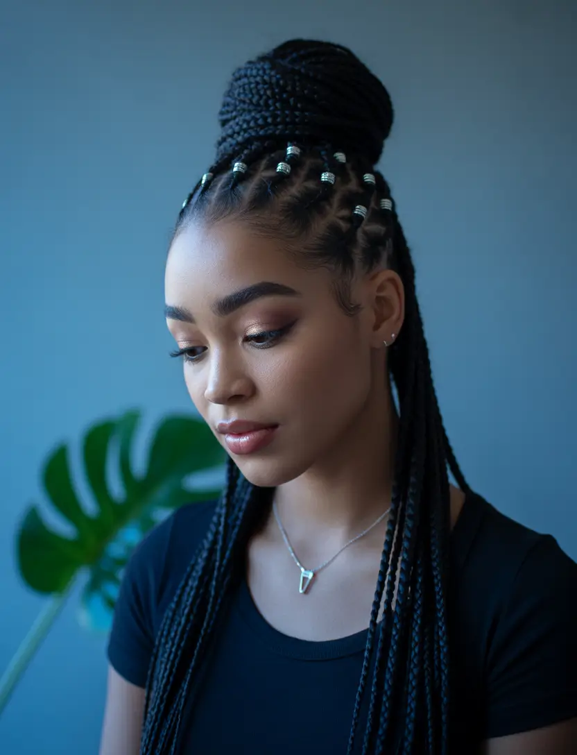 Beautiful Summer Braids for Black Women 2025 Top Knot Braided Crown with Metallic Beads