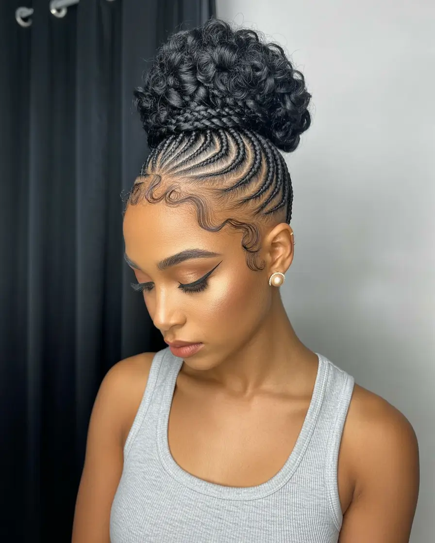 Beautiful Summer Braids for Black Women 2025 Glam Spiral Bun with Cornrow Flow