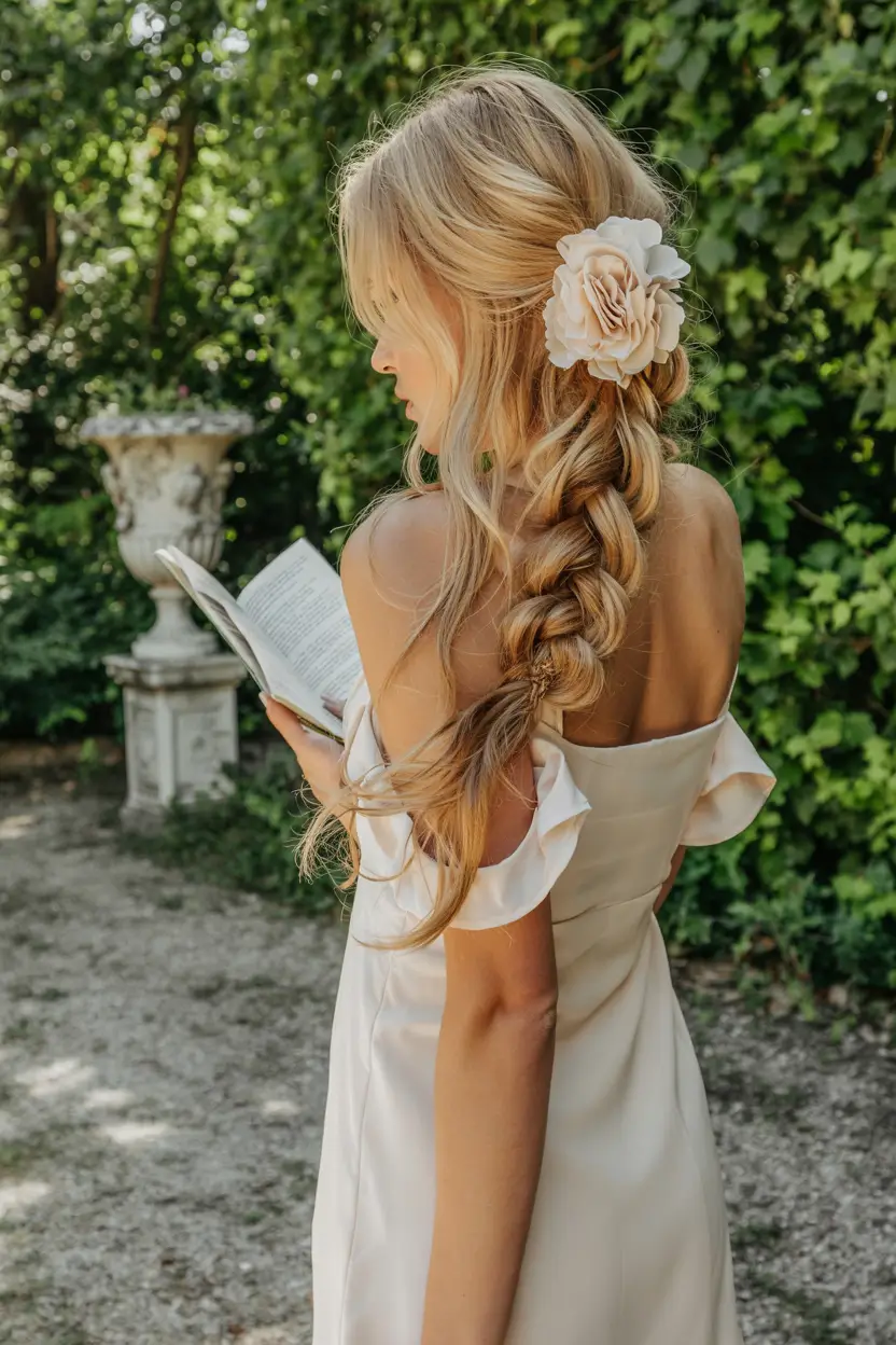 Bridal Hairstyles Ideas You'll Love in Summer 2025! Romantic Braided Cascade with Garden Vibes