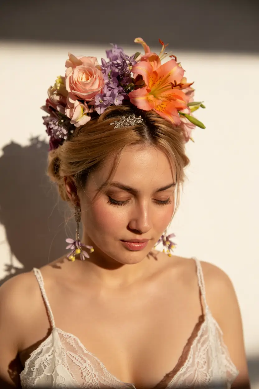 Bridal Hairstyles Ideas You'll Love in Summer 2025! Floral Crown Fantasy with Full Bloom Drama