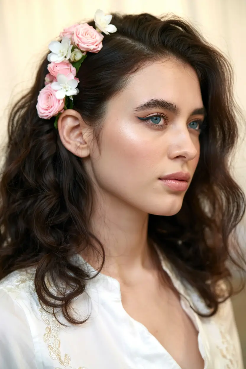 Bridal Hairstyles Ideas You'll Love in Summer 2025! Loose Waves with Floral Cluster on One Side