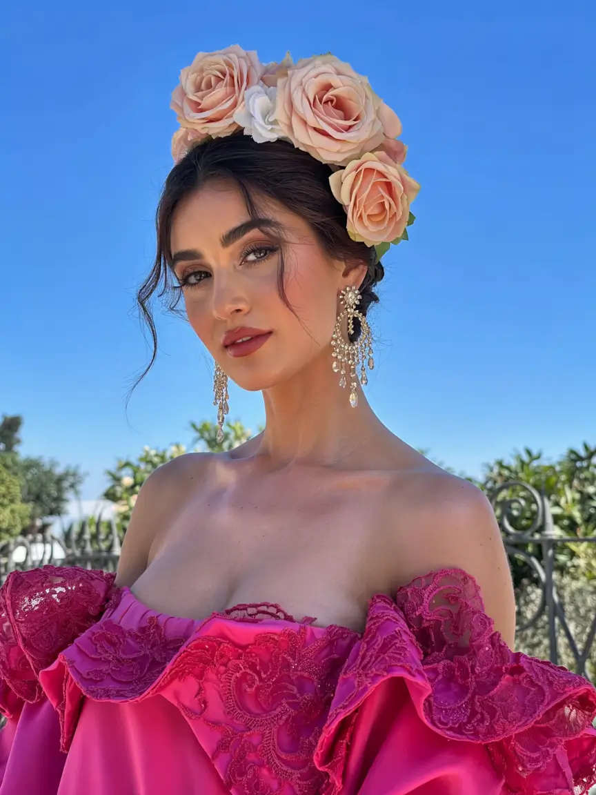 Bridal Hairstyles Ideas You'll Love in Summer 2025! Statement Crown of Roses with Sleek Tendrils