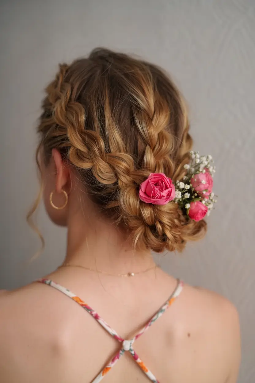 Bridal Hairstyles Ideas You'll Love in Summer 2025! Classic Crown Braids with Pink Floral Accents