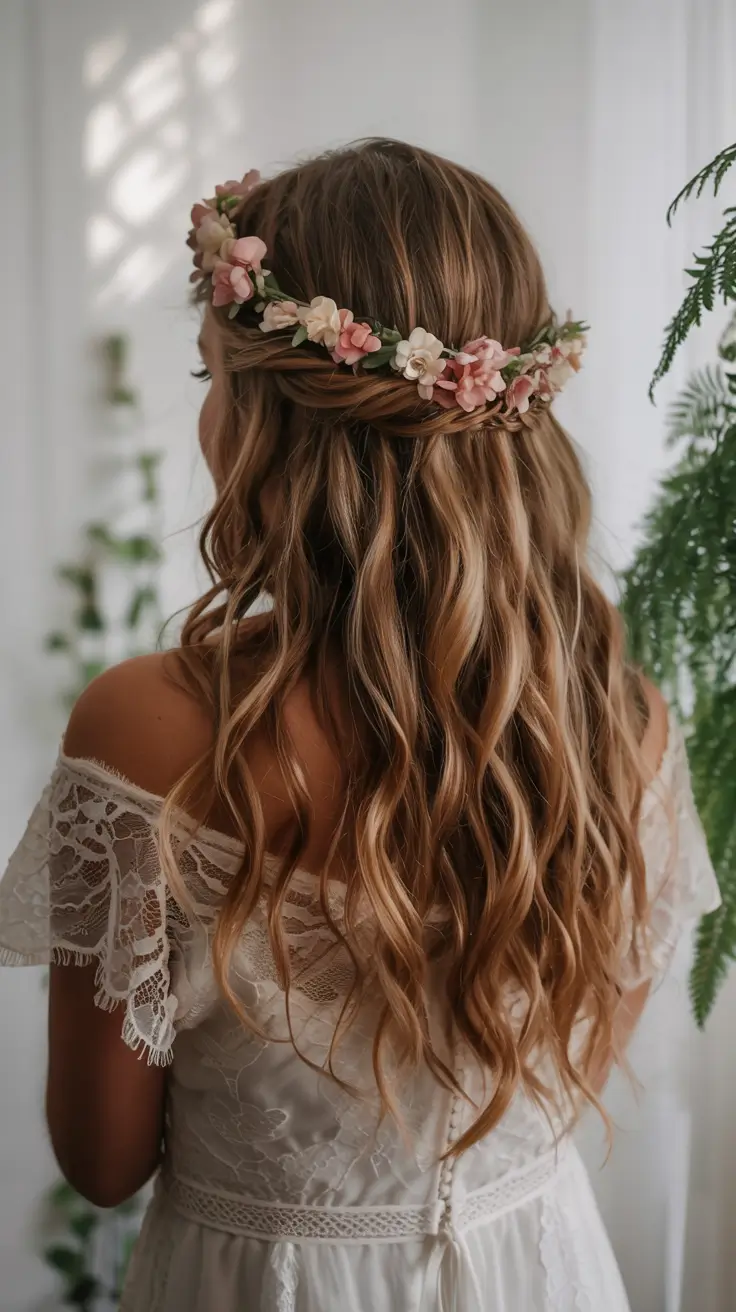 Bridal Hairstyles Ideas You'll Love in Summer 2025! Floral Halo with Beachy Half-Up Waves