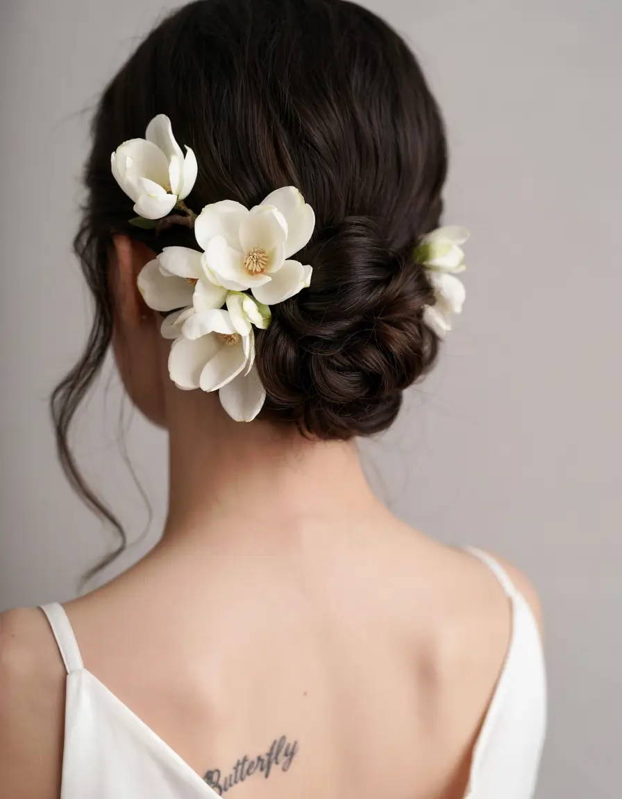 Bridal Hairstyles Ideas You'll Love in Summer 2025! Sculpted Low Chignon with Magnolia Blossoms