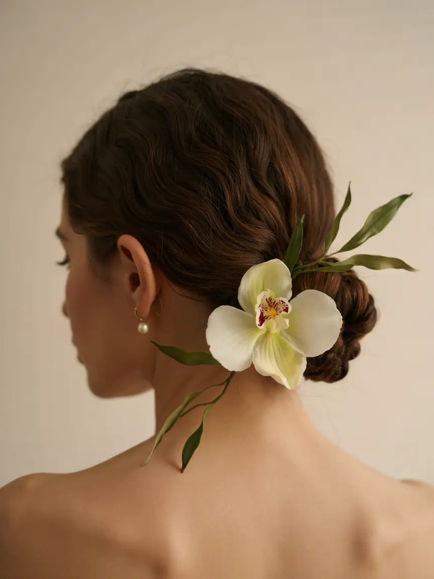 Bridal Hairstyles Ideas You'll Love in Summer 2025! Minimal Waved Bun with Orchid and Greenery