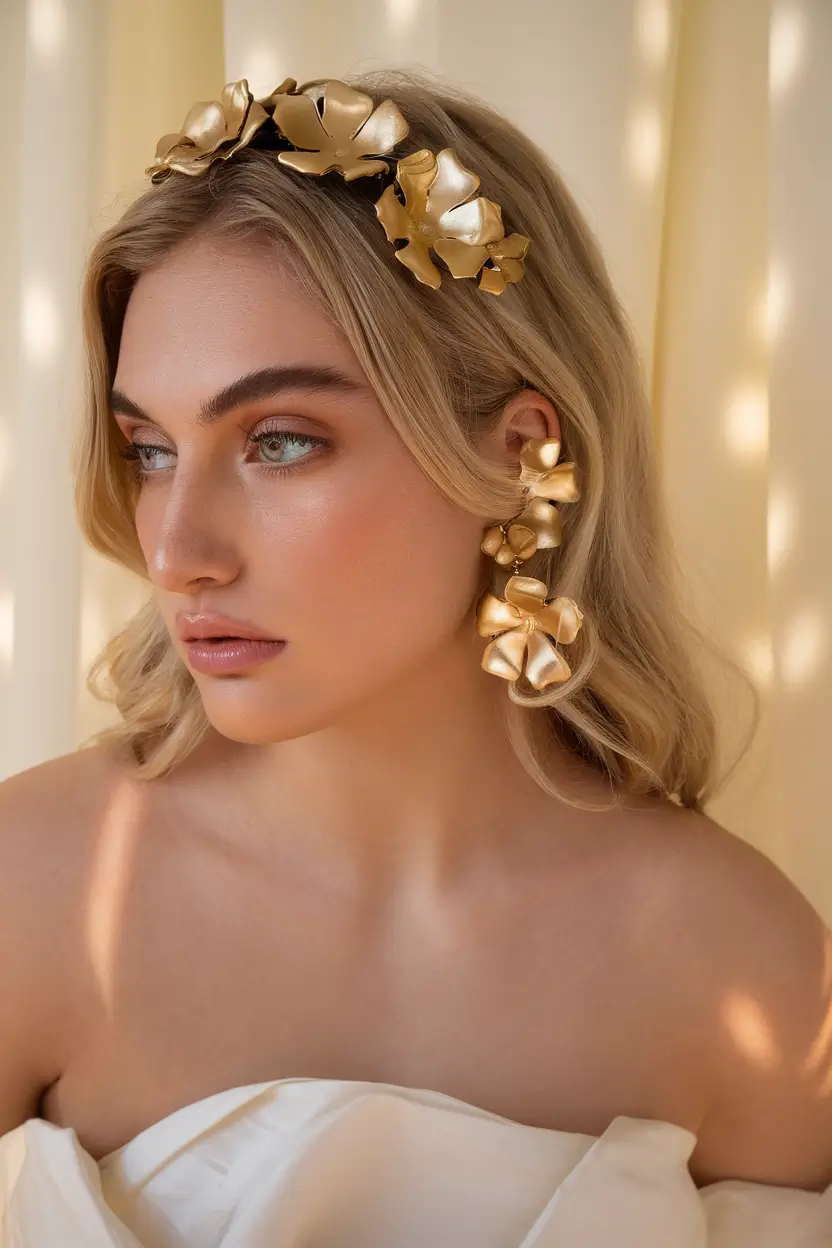 Bridal Hairstyles Ideas You'll Love in Summer 2025! Golden Headband Elegance for Loose Bridal Waves