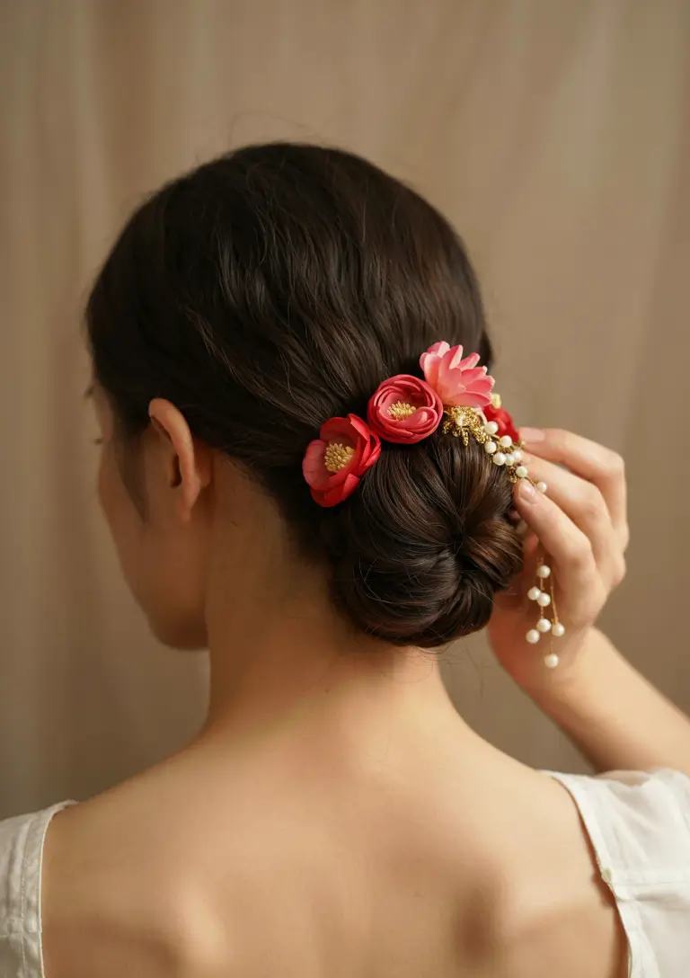 Bridal Hairstyles Ideas You'll Love in Summer 2025! Red Floral Bun for Cultural Wedding Glamour