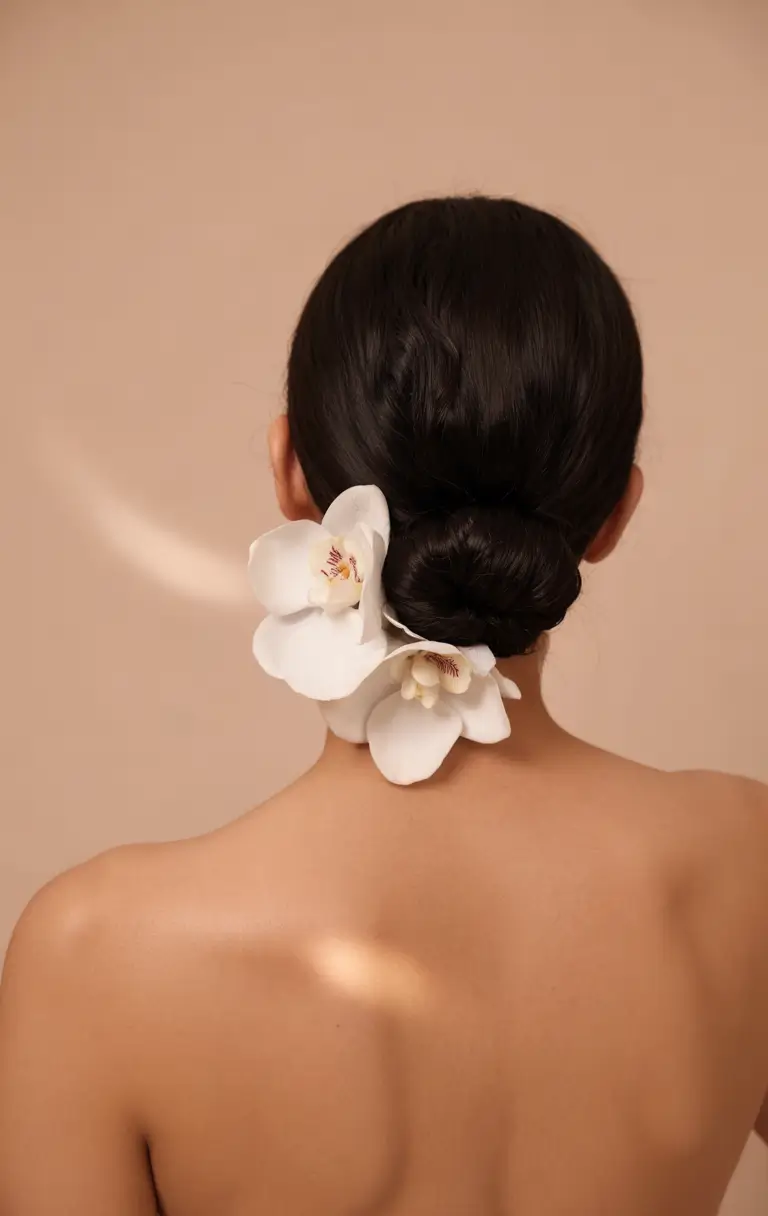 Bridal Hairstyles Ideas You'll Love in Summer 2025! Silk Orchid Chignon with Polished Center Part