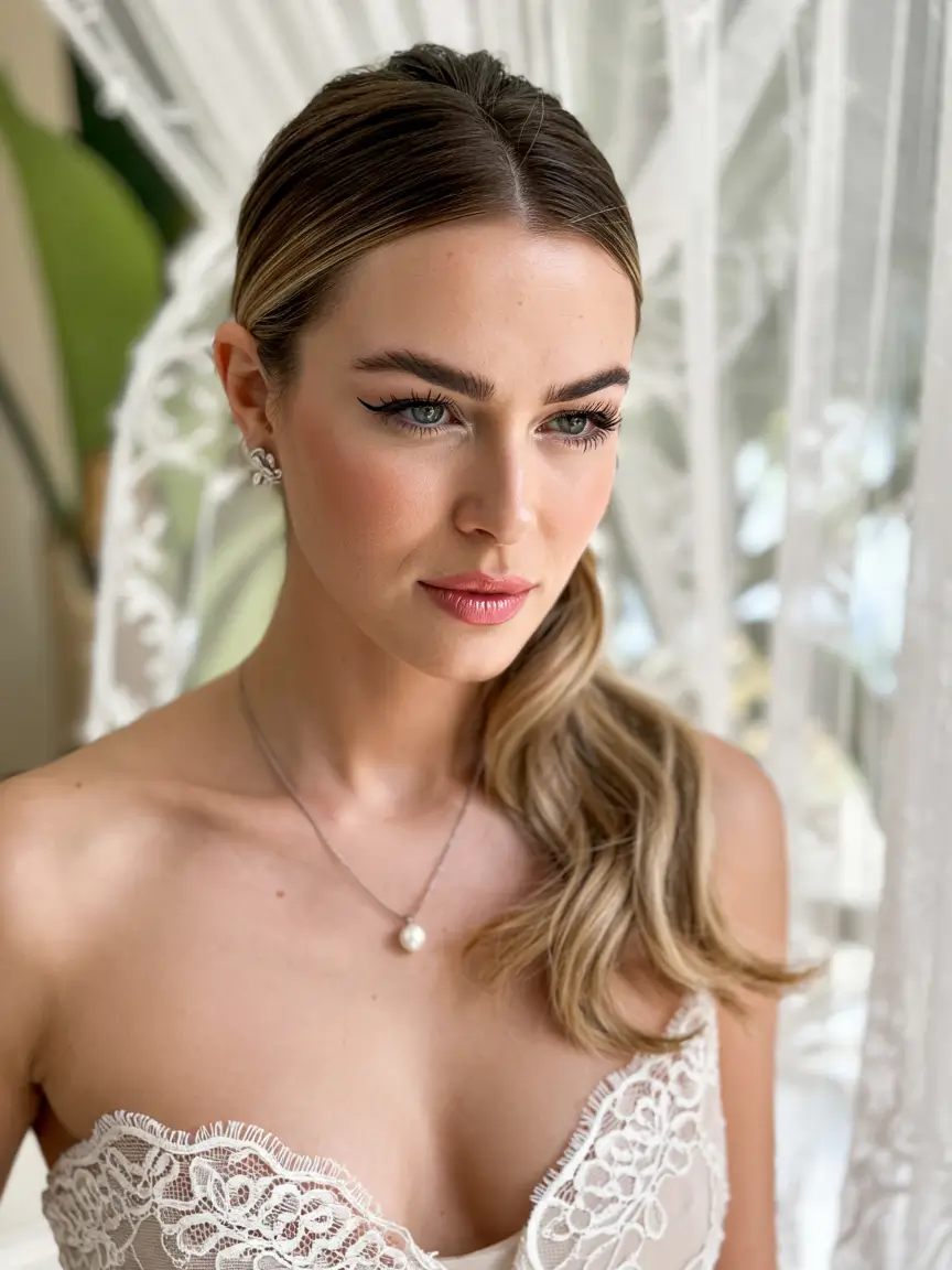 Bridal Hairstyles Ideas You'll Love in Summer 2025! Minimal Side-Swept Pony with Shine